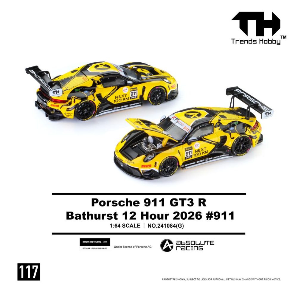 (Pre-Order) Porsche 911 (992) GT3 R Openable Hood Bathurst 12 Hours 2026 Yellow #911 Livery