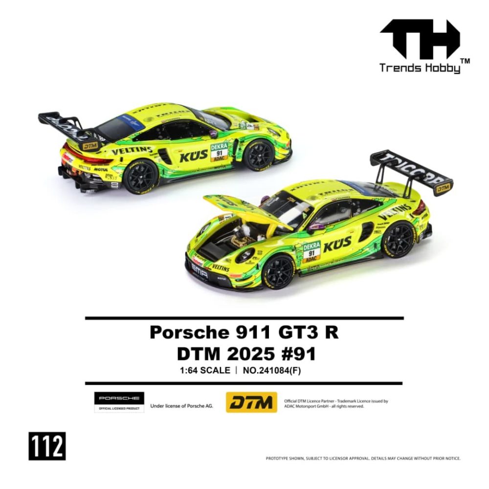 (Pre-Order) Porsche 911 (992) GT3 R DTM 2025 Openable Hood Yellow-Green 91#